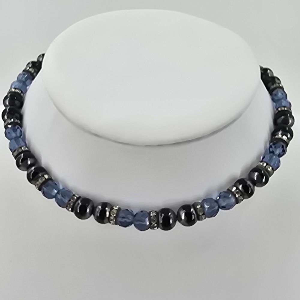 Vintage Blue Glass Beaded Choker Necklace Black Pearl Rhinestone Rondelle Clasp